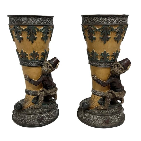 Vintage Monkey Butler Bellhop Pedestal Vase Cornucopia Tropical 12" Tall Pair - Picture 1 of 6